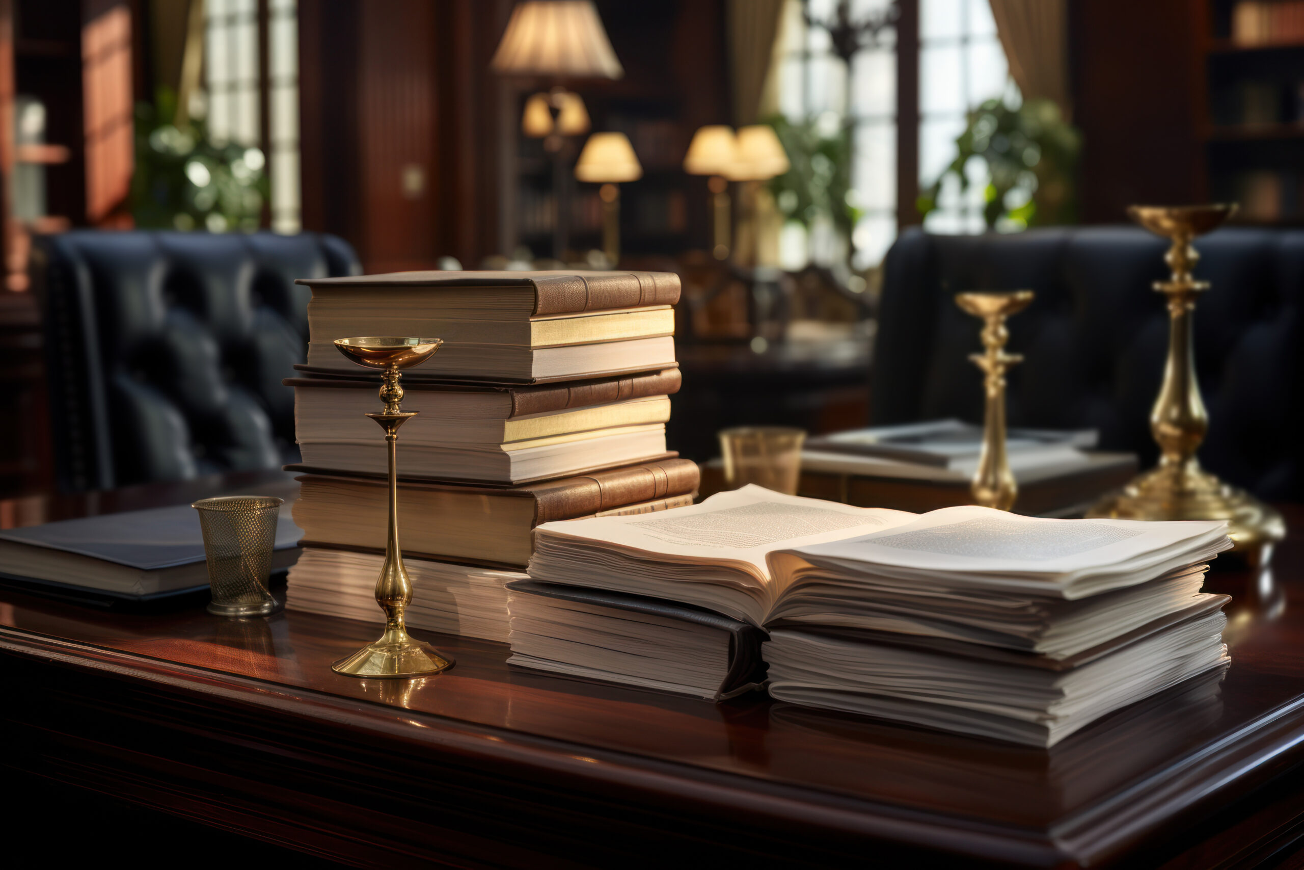 A law office with a stack of legal documents, illustrating its importance in legal practices. Generative Ai